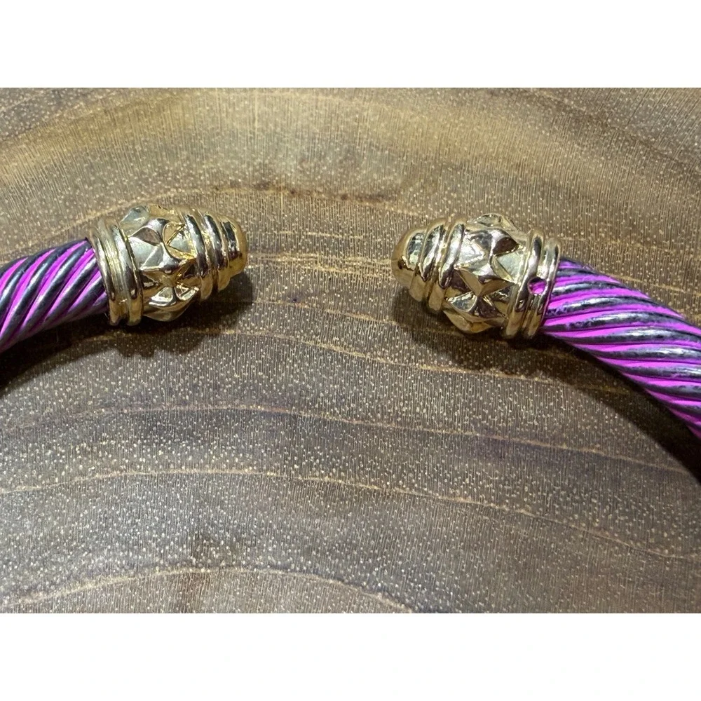 Purple Twisted Cable Cuff Bracelet Gold Tone Studded End Caps Bangle